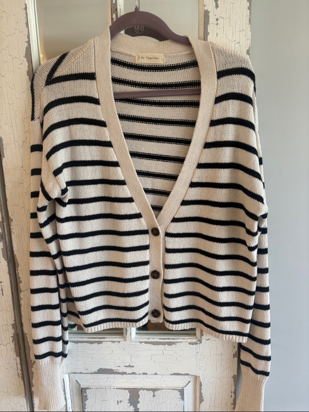 By Together Cream and Black Striped V‑Neck Button Cardigan